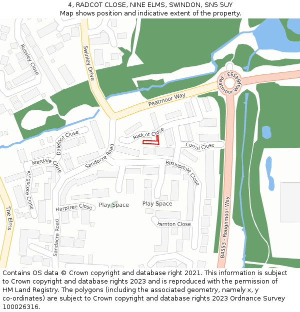 4, RADCOT CLOSE, NINE ELMS, SWINDON, SN5 5UY: Location map and indicative extent of plot