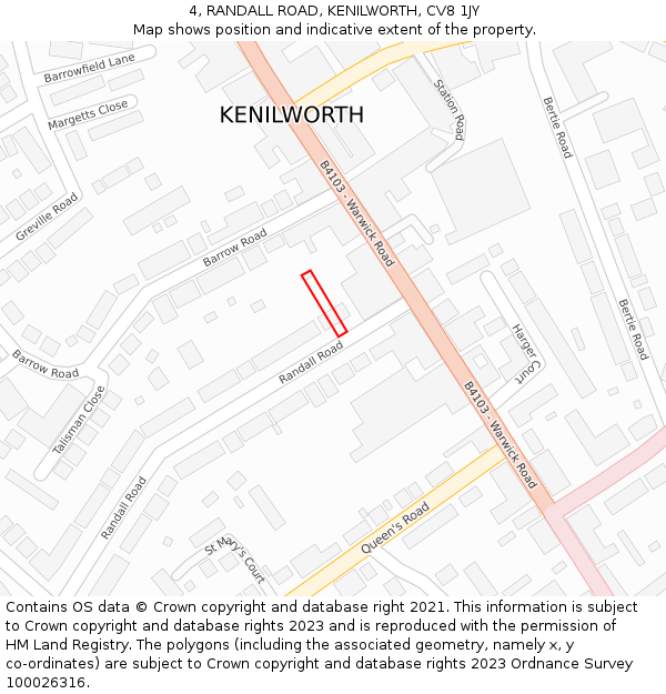 4, RANDALL ROAD, KENILWORTH, CV8 1JY: Location map and indicative extent of plot