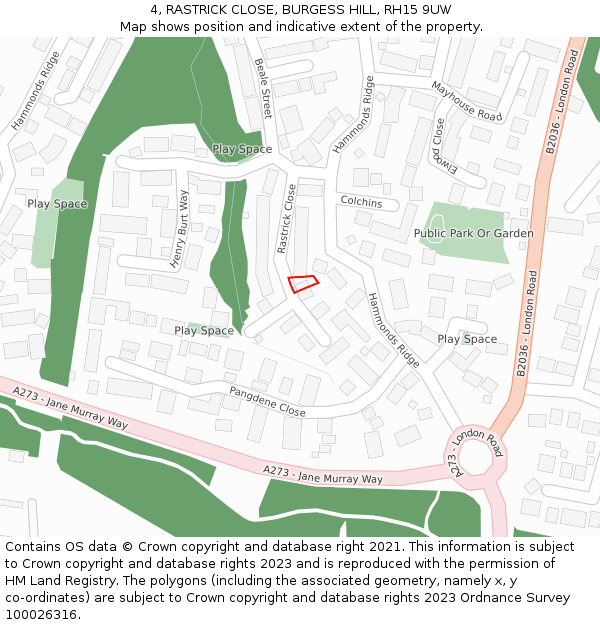 4, RASTRICK CLOSE, BURGESS HILL, RH15 9UW: Location map and indicative extent of plot