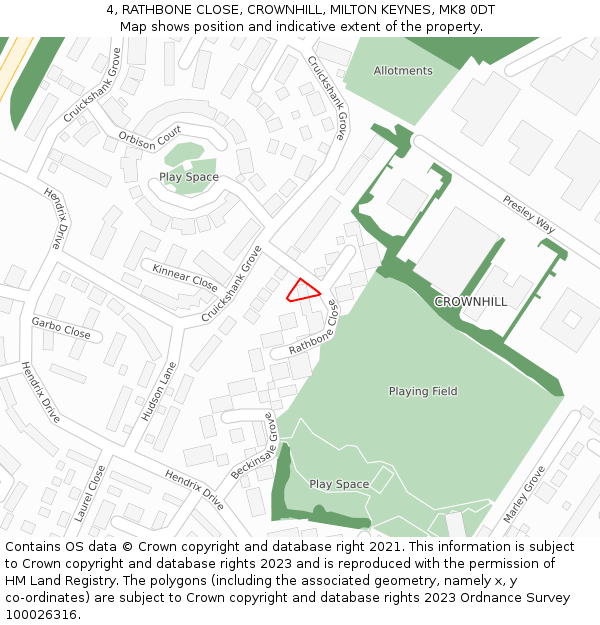 4, RATHBONE CLOSE, CROWNHILL, MILTON KEYNES, MK8 0DT: Location map and indicative extent of plot