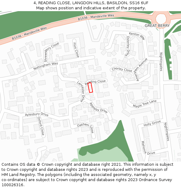 4, READING CLOSE, LANGDON HILLS, BASILDON, SS16 6UF: Location map and indicative extent of plot