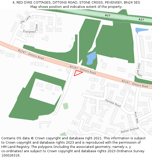 4, RED DYKE COTTAGES, DITTONS ROAD, STONE CROSS, PEVENSEY, BN24 5ES: Location map and indicative extent of plot