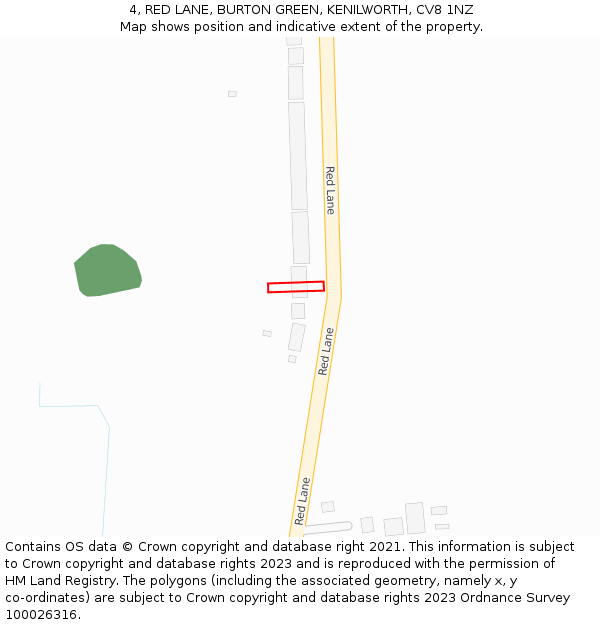 4, RED LANE, BURTON GREEN, KENILWORTH, CV8 1NZ: Location map and indicative extent of plot