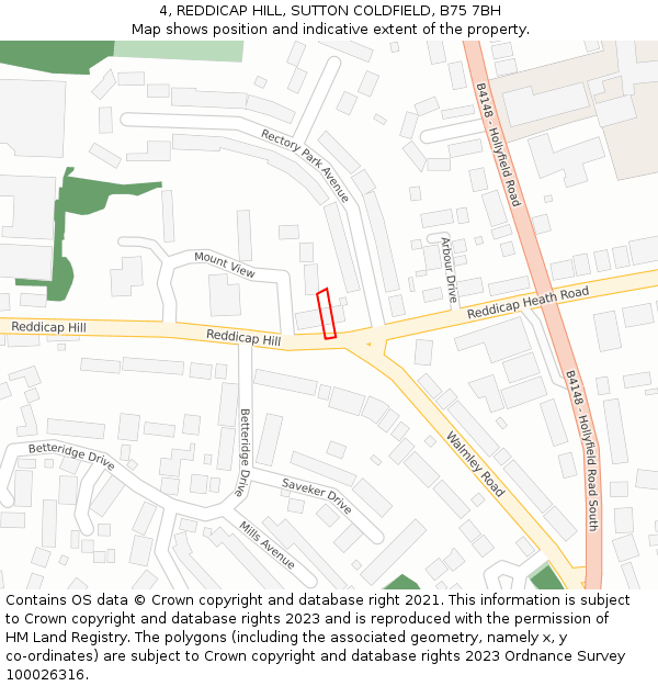 4, REDDICAP HILL, SUTTON COLDFIELD, B75 7BH: Location map and indicative extent of plot