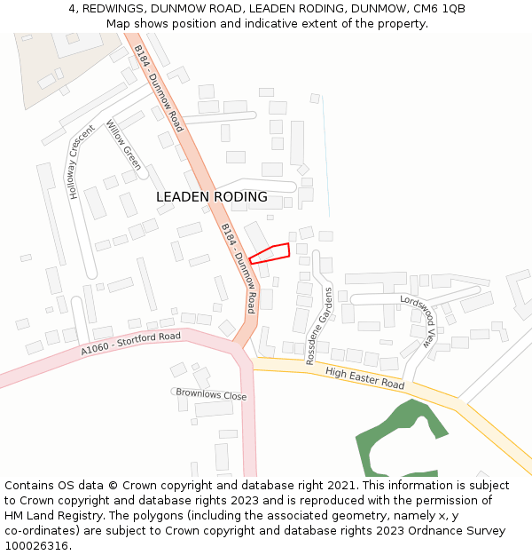 4, REDWINGS, DUNMOW ROAD, LEADEN RODING, DUNMOW, CM6 1QB: Location map and indicative extent of plot