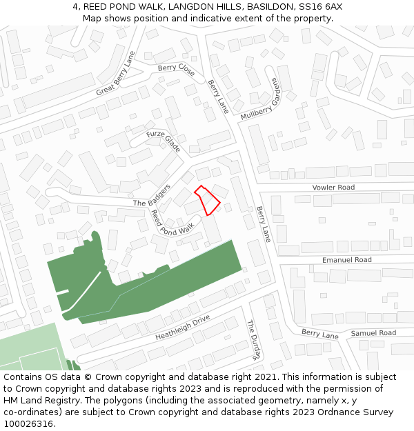 4, REED POND WALK, LANGDON HILLS, BASILDON, SS16 6AX: Location map and indicative extent of plot