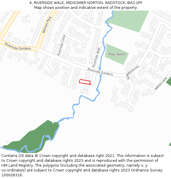 4, RIVERSIDE WALK, MIDSOMER NORTON, RADSTOCK, BA3 2PF: Location map and indicative extent of plot