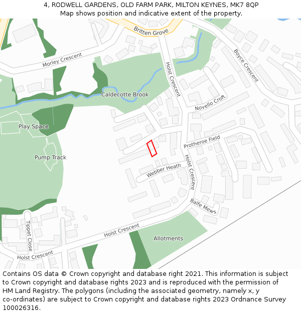 4, RODWELL GARDENS, OLD FARM PARK, MILTON KEYNES, MK7 8QP: Location map and indicative extent of plot