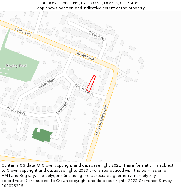 4, ROSE GARDENS, EYTHORNE, DOVER, CT15 4BS: Location map and indicative extent of plot