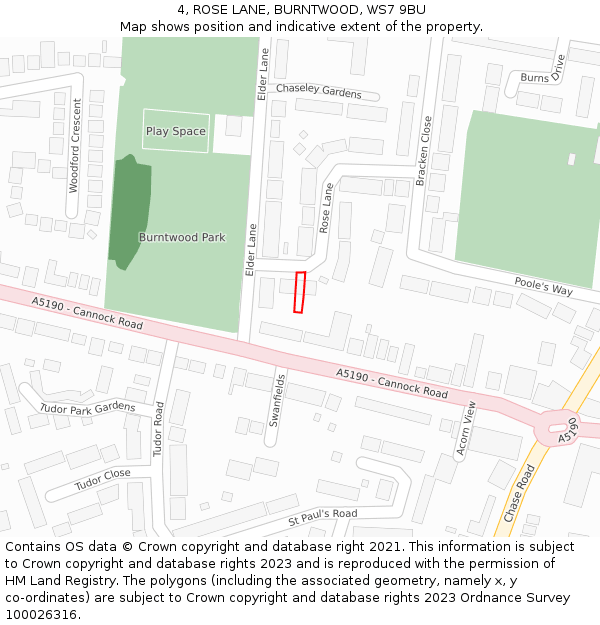 4, ROSE LANE, BURNTWOOD, WS7 9BU: Location map and indicative extent of plot