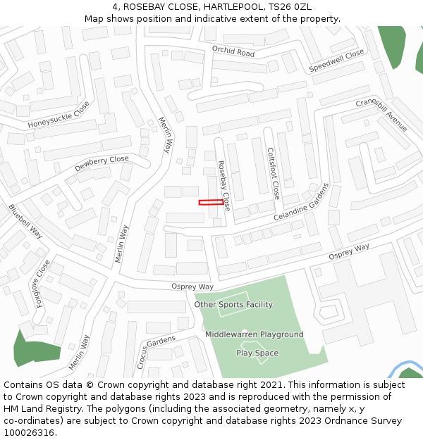 4, ROSEBAY CLOSE, HARTLEPOOL, TS26 0ZL: Location map and indicative extent of plot