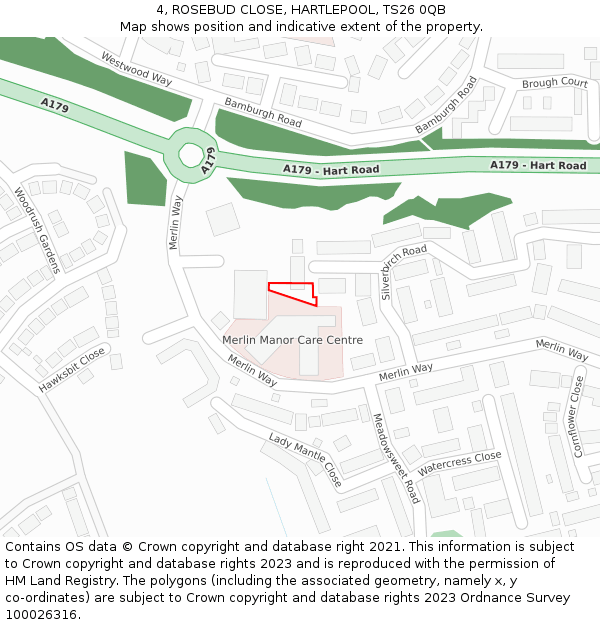 4, ROSEBUD CLOSE, HARTLEPOOL, TS26 0QB: Location map and indicative extent of plot