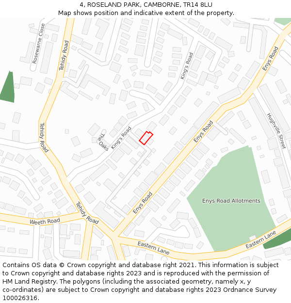 4, ROSELAND PARK, CAMBORNE, TR14 8LU: Location map and indicative extent of plot