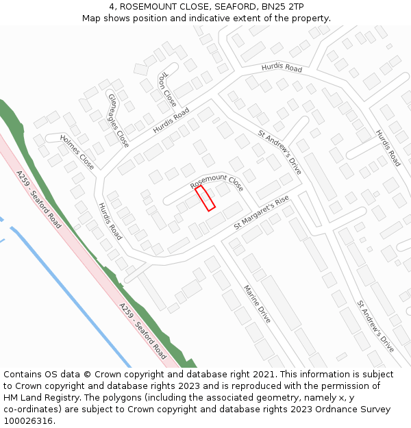 4, ROSEMOUNT CLOSE, SEAFORD, BN25 2TP: Location map and indicative extent of plot