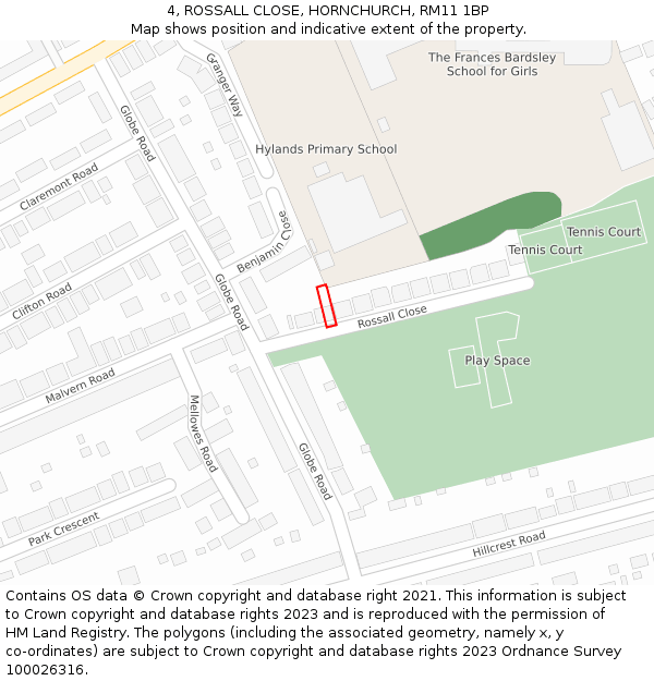 4, ROSSALL CLOSE, HORNCHURCH, RM11 1BP: Location map and indicative extent of plot