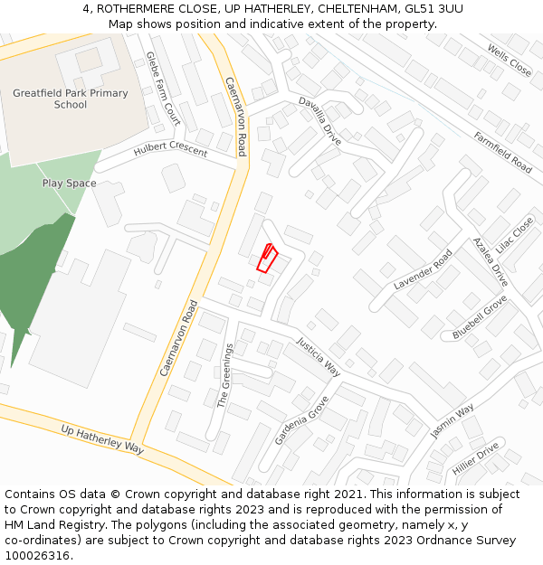 4, ROTHERMERE CLOSE, UP HATHERLEY, CHELTENHAM, GL51 3UU: Location map and indicative extent of plot