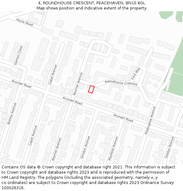 4, ROUNDHOUSE CRESCENT, PEACEHAVEN, BN10 8GL: Location map and indicative extent of plot