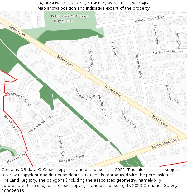 4, RUSHWORTH CLOSE, STANLEY, WAKEFIELD, WF3 4JG: Location map and indicative extent of plot