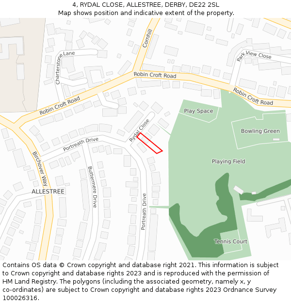 4, RYDAL CLOSE, ALLESTREE, DERBY, DE22 2SL: Location map and indicative extent of plot