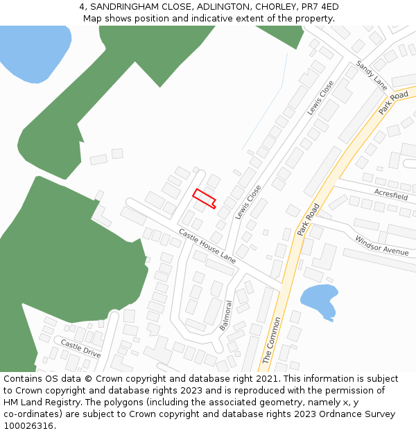 4, SANDRINGHAM CLOSE, ADLINGTON, CHORLEY, PR7 4ED: Location map and indicative extent of plot