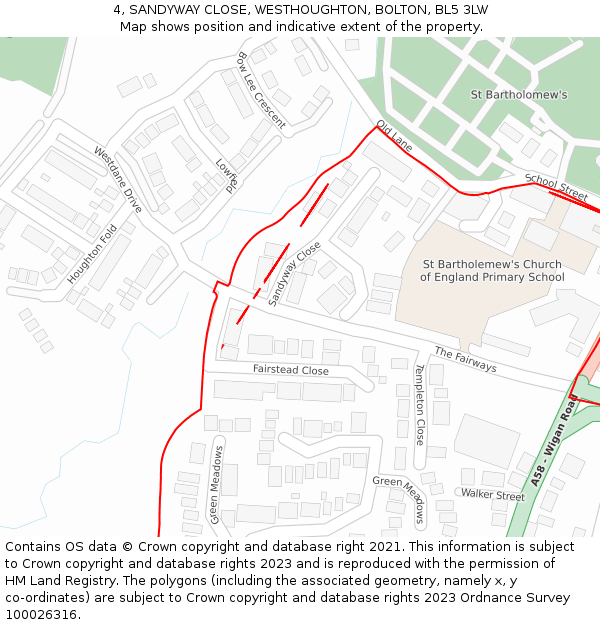 4, SANDYWAY CLOSE, WESTHOUGHTON, BOLTON, BL5 3LW: Location map and indicative extent of plot