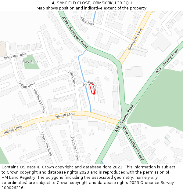 4, SANFIELD CLOSE, ORMSKIRK, L39 3QH: Location map and indicative extent of plot