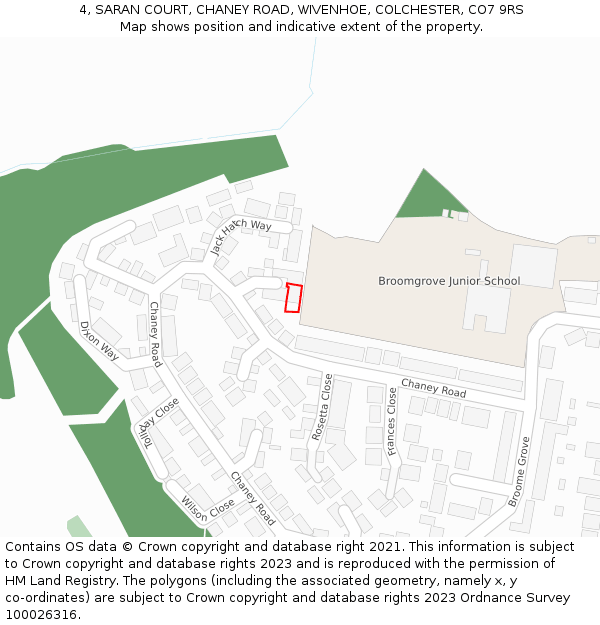 4, SARAN COURT, CHANEY ROAD, WIVENHOE, COLCHESTER, CO7 9RS: Location map and indicative extent of plot