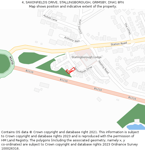 4, SAXONFIELDS DRIVE, STALLINGBOROUGH, GRIMSBY, DN41 8FN: Location map and indicative extent of plot