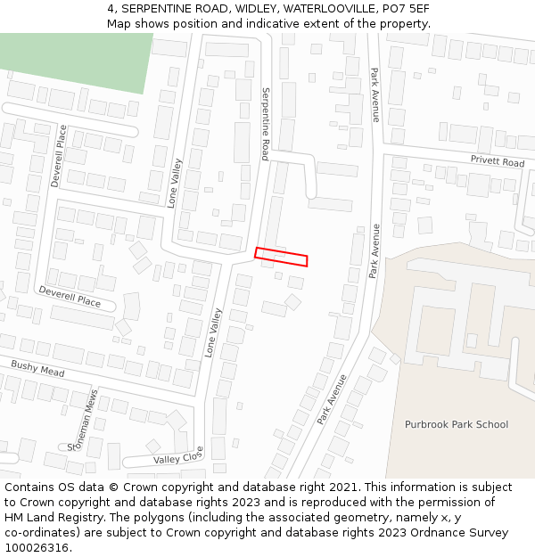 4, SERPENTINE ROAD, WIDLEY, WATERLOOVILLE, PO7 5EF: Location map and indicative extent of plot