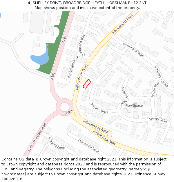 4, SHELLEY DRIVE, BROADBRIDGE HEATH, HORSHAM, RH12 3NT: Location map and indicative extent of plot