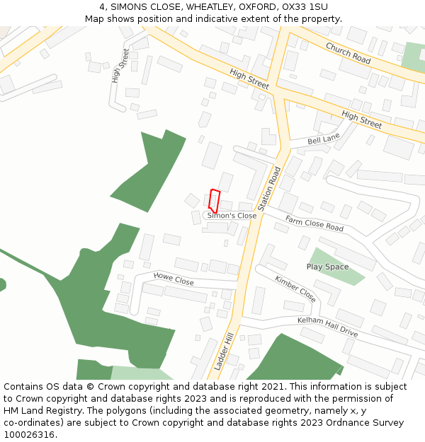 4, SIMONS CLOSE, WHEATLEY, OXFORD, OX33 1SU: Location map and indicative extent of plot