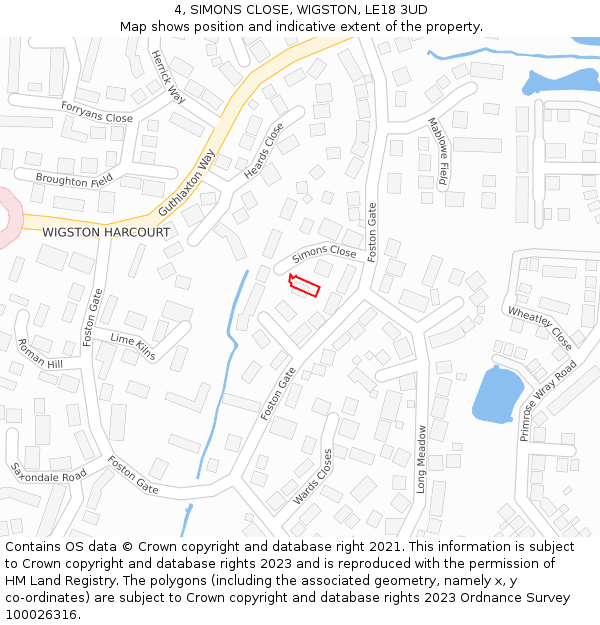 4, SIMONS CLOSE, WIGSTON, LE18 3UD: Location map and indicative extent of plot