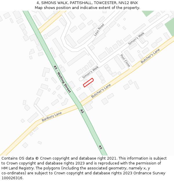 4, SIMONS WALK, PATTISHALL, TOWCESTER, NN12 8NX: Location map and indicative extent of plot