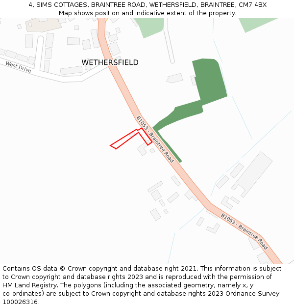 4, SIMS COTTAGES, BRAINTREE ROAD, WETHERSFIELD, BRAINTREE, CM7 4BX: Location map and indicative extent of plot