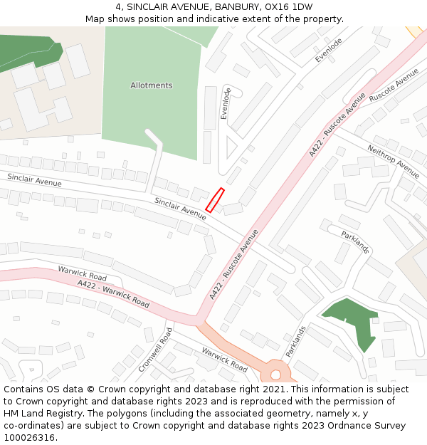 4, SINCLAIR AVENUE, BANBURY, OX16 1DW: Location map and indicative extent of plot