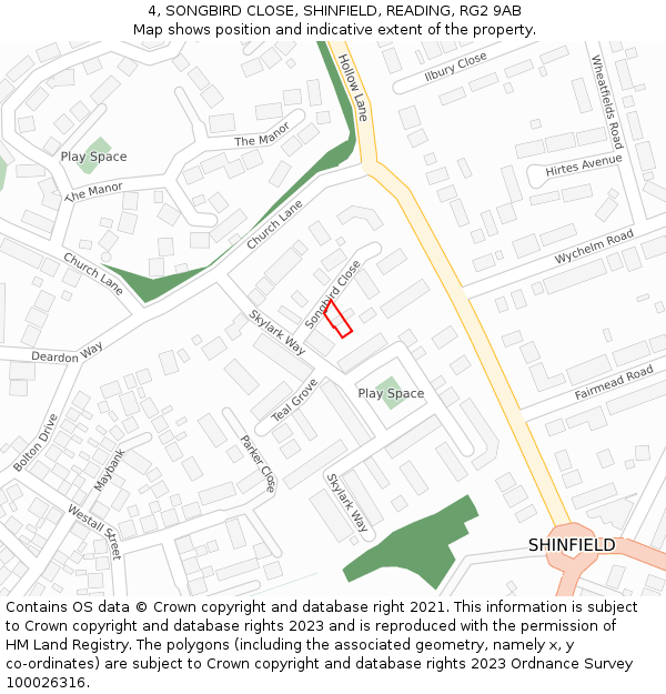 4, SONGBIRD CLOSE, SHINFIELD, READING, RG2 9AB: Location map and indicative extent of plot