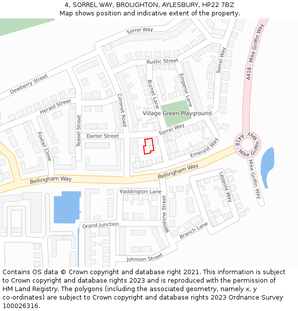 4, SORREL WAY, BROUGHTON, AYLESBURY, HP22 7BZ: Location map and indicative extent of plot