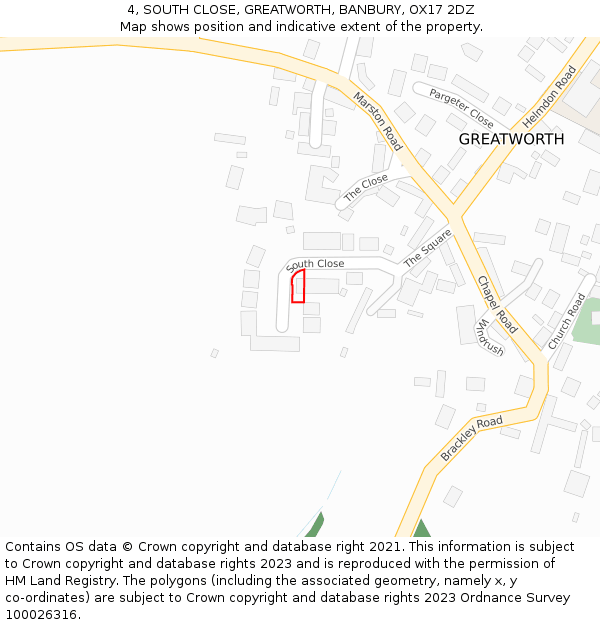 4, SOUTH CLOSE, GREATWORTH, BANBURY, OX17 2DZ: Location map and indicative extent of plot