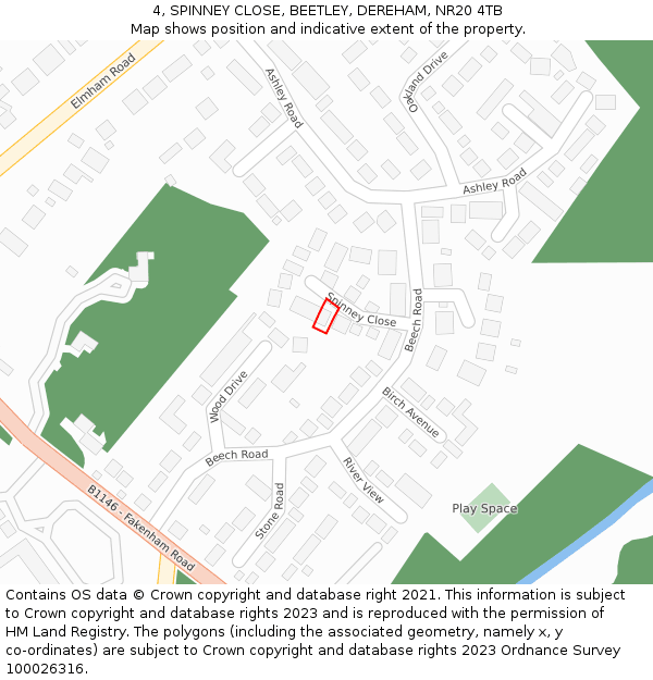 4, SPINNEY CLOSE, BEETLEY, DEREHAM, NR20 4TB: Location map and indicative extent of plot