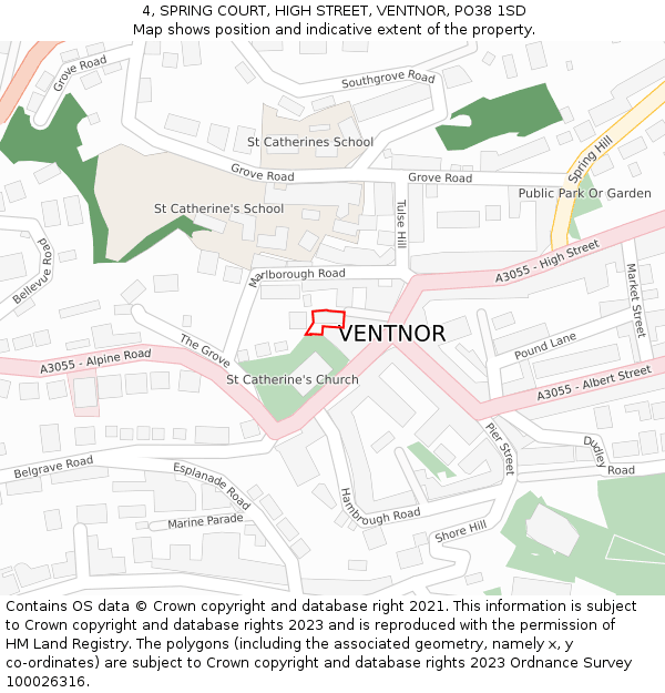 4, SPRING COURT, HIGH STREET, VENTNOR, PO38 1SD: Location map and indicative extent of plot