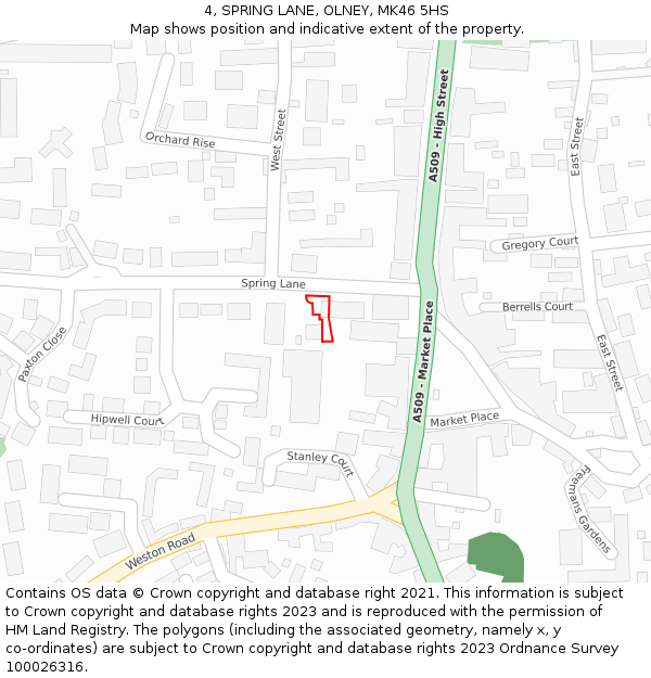 4, SPRING LANE, OLNEY, MK46 5HS: Location map and indicative extent of plot