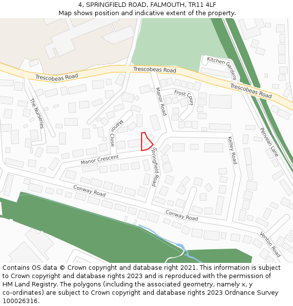 4, SPRINGFIELD ROAD, FALMOUTH, TR11 4LF: Location map and indicative extent of plot