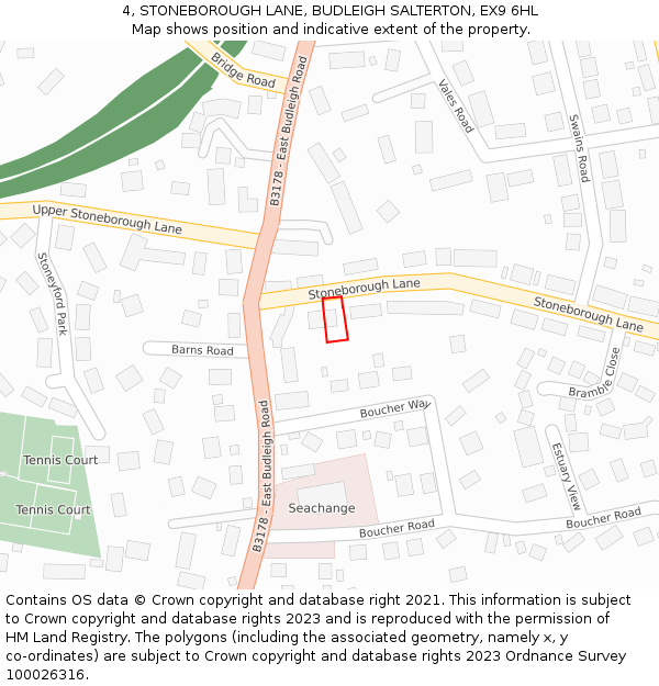 4, STONEBOROUGH LANE, BUDLEIGH SALTERTON, EX9 6HL: Location map and indicative extent of plot