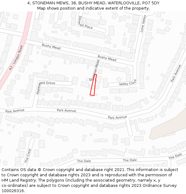 4, STONEMAN MEWS, 38, BUSHY MEAD, WATERLOOVILLE, PO7 5DY: Location map and indicative extent of plot