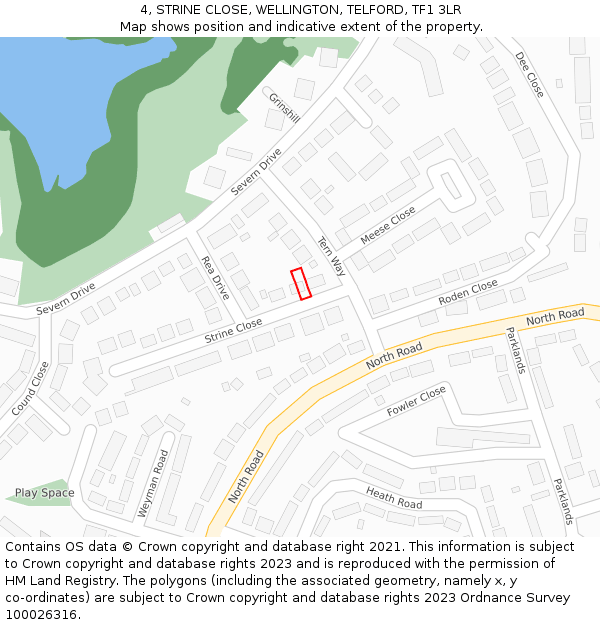 4, STRINE CLOSE, WELLINGTON, TELFORD, TF1 3LR: Location map and indicative extent of plot