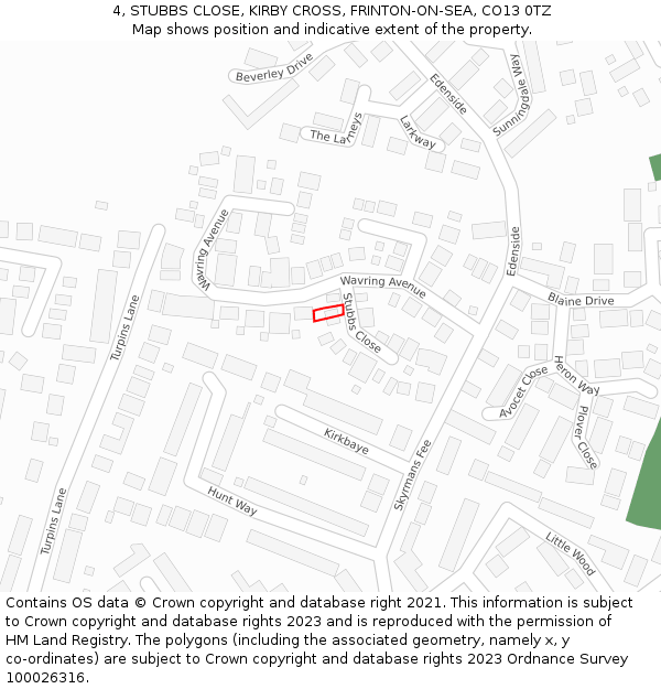 4, STUBBS CLOSE, KIRBY CROSS, FRINTON-ON-SEA, CO13 0TZ: Location map and indicative extent of plot