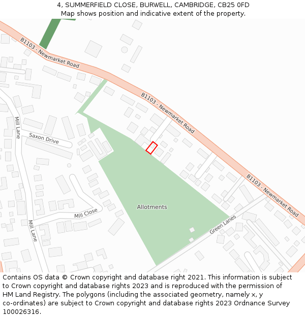 4, SUMMERFIELD CLOSE, BURWELL, CAMBRIDGE, CB25 0FD: Location map and indicative extent of plot