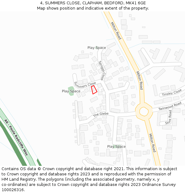 4, SUMMERS CLOSE, CLAPHAM, BEDFORD, MK41 6GE: Location map and indicative extent of plot
