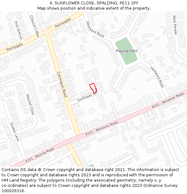 4, SUNFLOWER CLOSE, SPALDING, PE11 1PY: Location map and indicative extent of plot