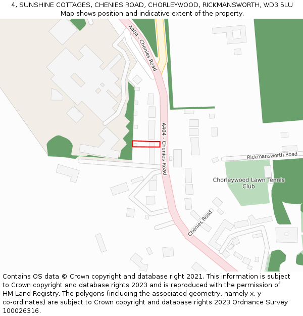 4, SUNSHINE COTTAGES, CHENIES ROAD, CHORLEYWOOD, RICKMANSWORTH, WD3 5LU: Location map and indicative extent of plot